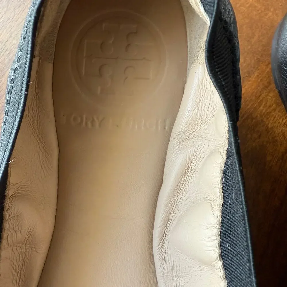 Tory Burch Claire Elastic Ballet Flats Shoes Perfect Black Gold Size 5.5 Comfort